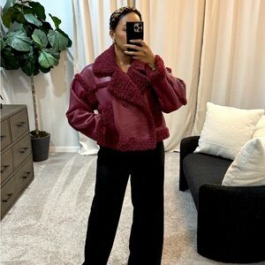 Burgundy Shearling Trim Jacket